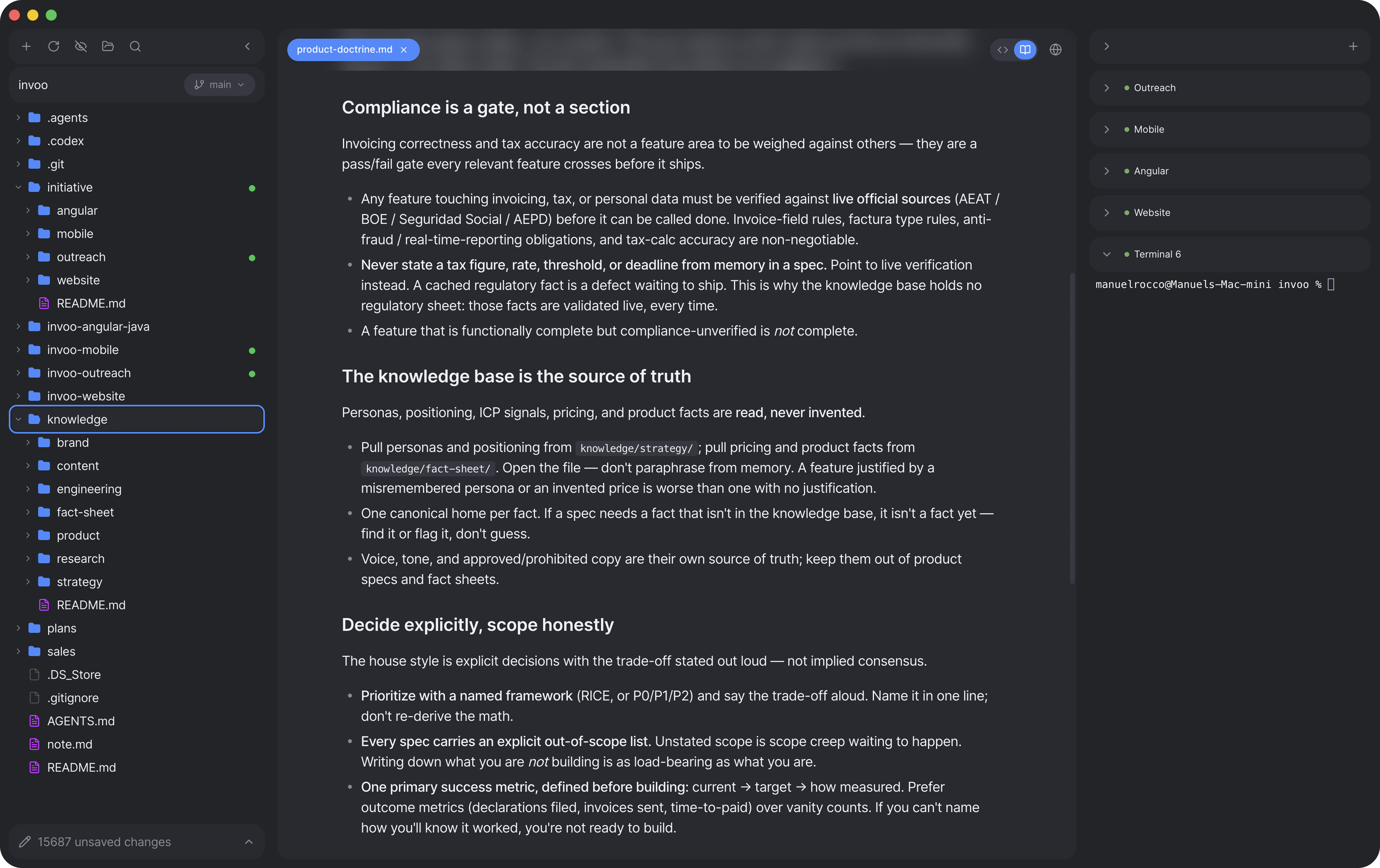 IDE showing a multi-repository project, its knowledge structure, product doctrine, and active workspaces