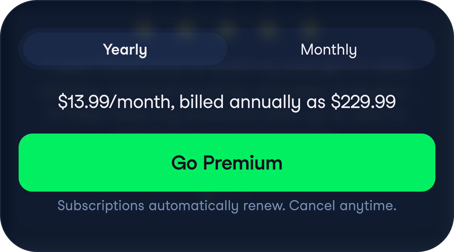 Yearly and monthly plan selector with the premium upgrade action